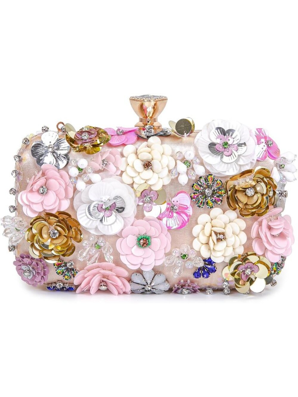 Women's Champagne Floral Beaded Chain Strap Party Prom Clutch Purse Evening Bag